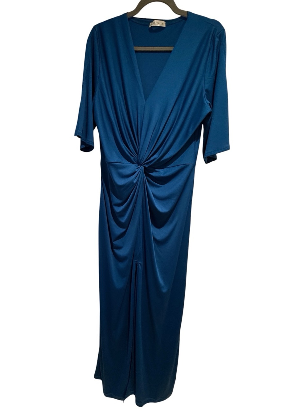 KOH KOH Sz XL Teal V-Neck Knot-Ruched Front Maxi Dress